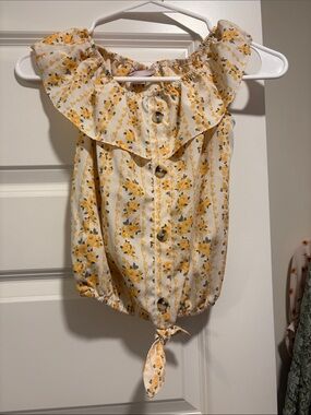 Girls Yellow Floral Ruffle Tie-Front Top